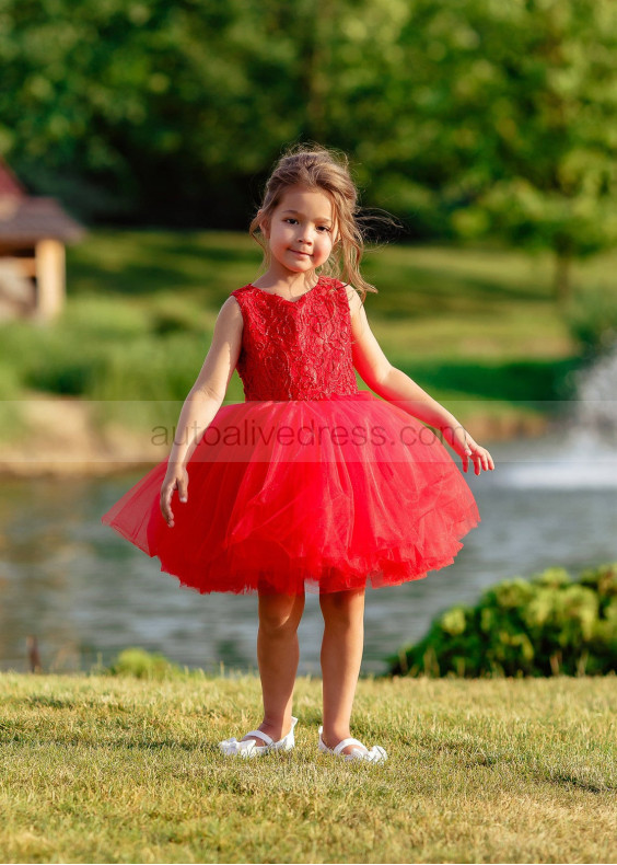 Red Lace Tulle Short Flower Girl Dress With Heart Cutout